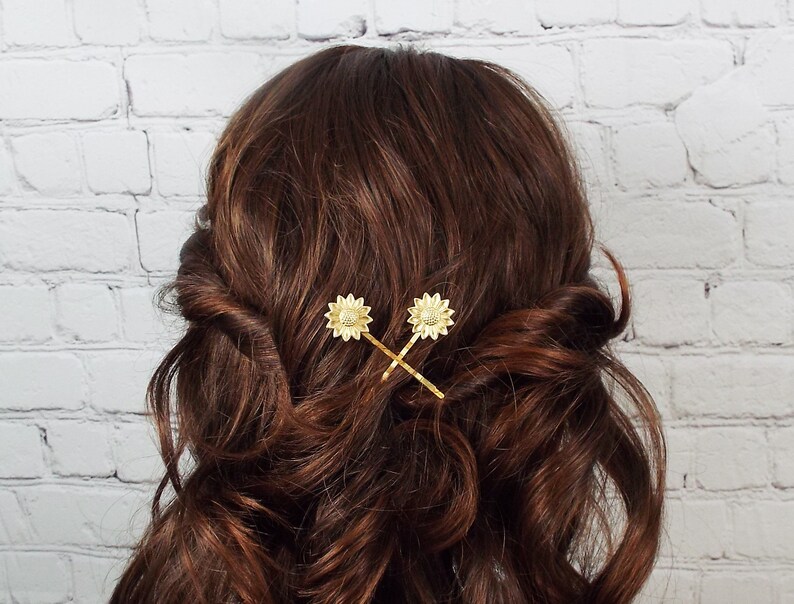 Gifts for Bridesmaids Daughter Wife Girlfriend Woodland Wedding Raw Brass Sun Flower Sunflower Brass Gold Hair Bobby Pin Set