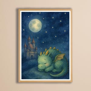 Dax the Sleepy Dragon • Printable Nursery Wall Art • Digital Download • Moonlit Castle Illustration • Kids Room Décor