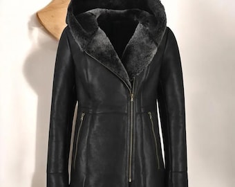 Chaqueta de piel de oveja negra para mujer con capucha / Abrigo de invierno cálido / Chaqueta estilo motera de piel de oveja auténtica con forro de piel sintética / Regalo para ella