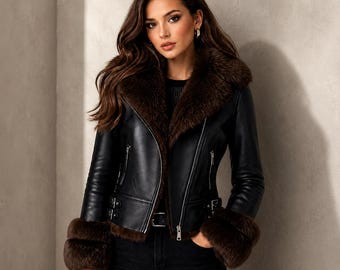Women’s Black Leather Jacket with Brown Fur Collar & Cuffs Coat Biker Style Outerwear