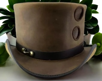 Handmade Brown Leather Steampunk Top Hat, Gothic Cosplay Costume