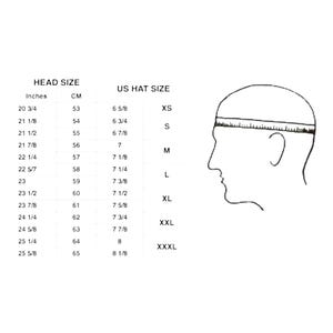 May include: A chart with head size measurements in inches and centimeters, along with corresponding US hat sizes. The chart includes sizes from 20 3/4 inches (53 cm) to 25 5/8 inches (65 cm). A side profile of a head with a hat is also shown.