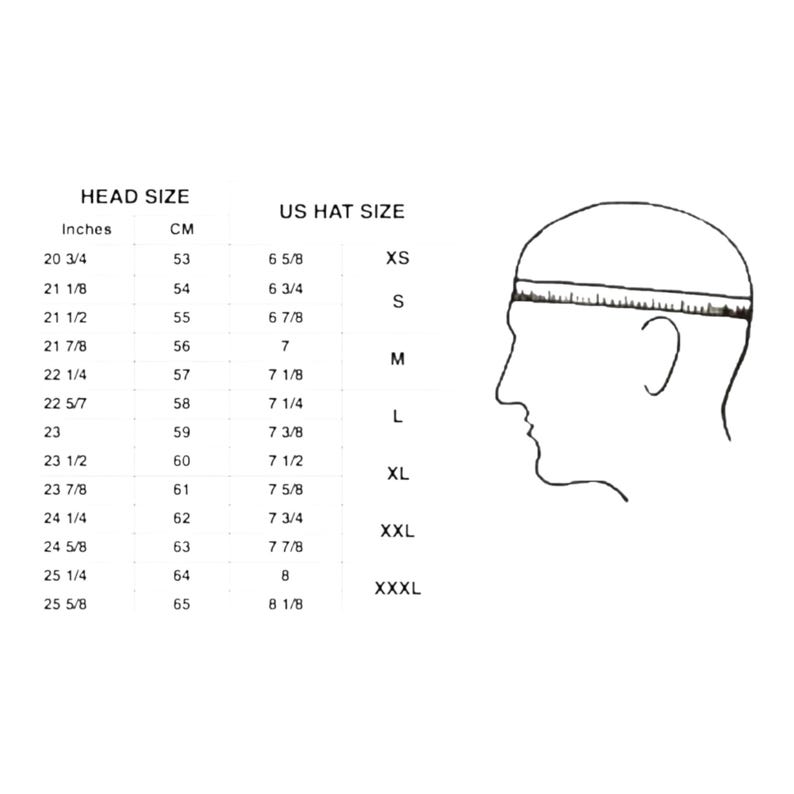 May include: A chart with head size measurements in inches and centimeters, along with corresponding US hat sizes. The chart includes sizes from 20 3/4 inches (53 cm) to 25 5/8 inches (65 cm). A side profile of a head with a hat is also shown.