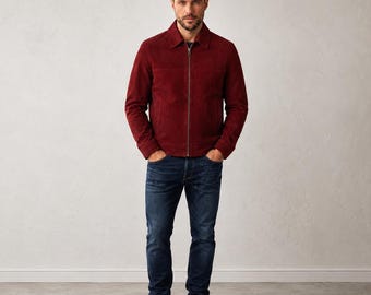Men’s red Suede Zip-Up Leather Jacket – Classic Winter Outerwear Style