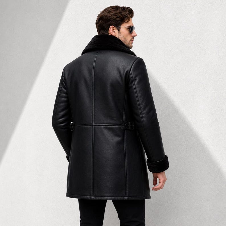 Handmade Black Shearling Leather Long Coat | Faux Fur Lined Winter Overcoat image 3