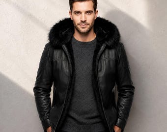 Men’s Black Leather Jacket with Faux Fur Hood – Warm Winter Outerwear