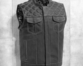 Men’s Quilted Black Leather Biker Vest | Handmade Motorcycle Waistcoat