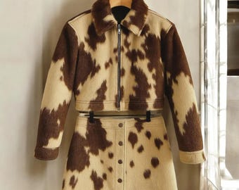 Handgemaakte set rok en jasje met koeprint, western rodeo-outfit