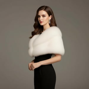 Puede incluir: Un chal de piel sint&eacute;tica blanca sobre un vestido negro. El chal es esponjoso y cubre los hombros. El fondo es gris liso. Imagen de estudio de ropa formal.
