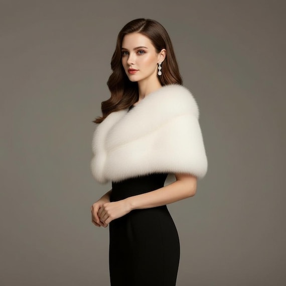 Classic White Faux Fur Wrap, Bridal Shawl for Wedding, Chic Winter Evening Cape