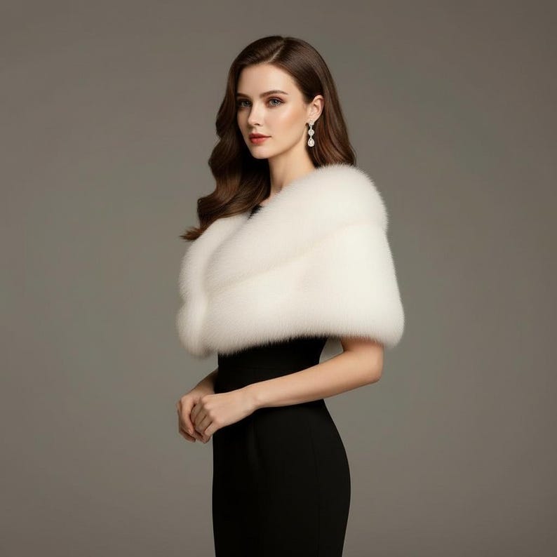 Puede incluir: Un chal de piel sint&eacute;tica blanca sobre un vestido negro. El chal es esponjoso y cubre los hombros. El fondo es gris liso. Imagen de estudio de ropa formal.