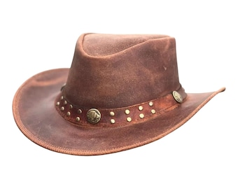 Handmade Distressed Brown Leather Cowboy Hat, Studded Western Hatband