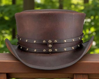 Handmade Brown Leather Steampunk Top Hat | Studded Band Cosplay Hat