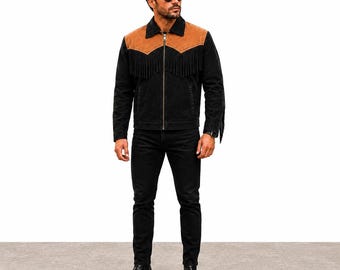 May include: A black jacket featuring a tan suede yoke across the chest and shoulders, accented with long fringe detailing. The jacket includes a classic collar, a full-length front zipper, and long sleeves with fringe trim along the outer arms.