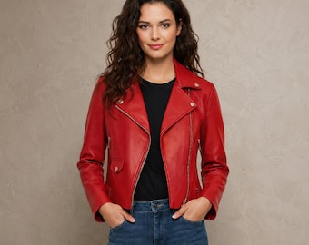 Women’s Red Leather Biker Jacket – Classic Moto Style with Belted Waist