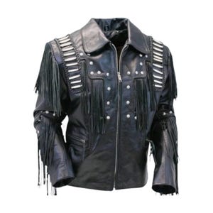 Handmade Black Leather Fringe Jacket | Western Cowboy Biker Jacket with Studs & Beads | Rodeo, Vintage, Festival Wear, Gift for him