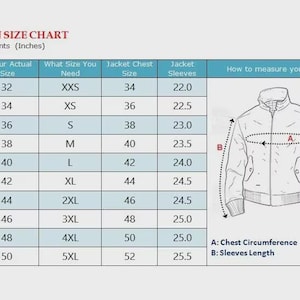 Puede incluir: Tabla de tallas para mujer con medidas en pulgadas. La tabla incluye contorno de pecho, talla de chaqueta y largo de manga, desde XXS hasta 5XL. Una ilustraci&oacute;n muestra c&oacute;mo medir la circunferencia del pecho y el largo de la manga.
