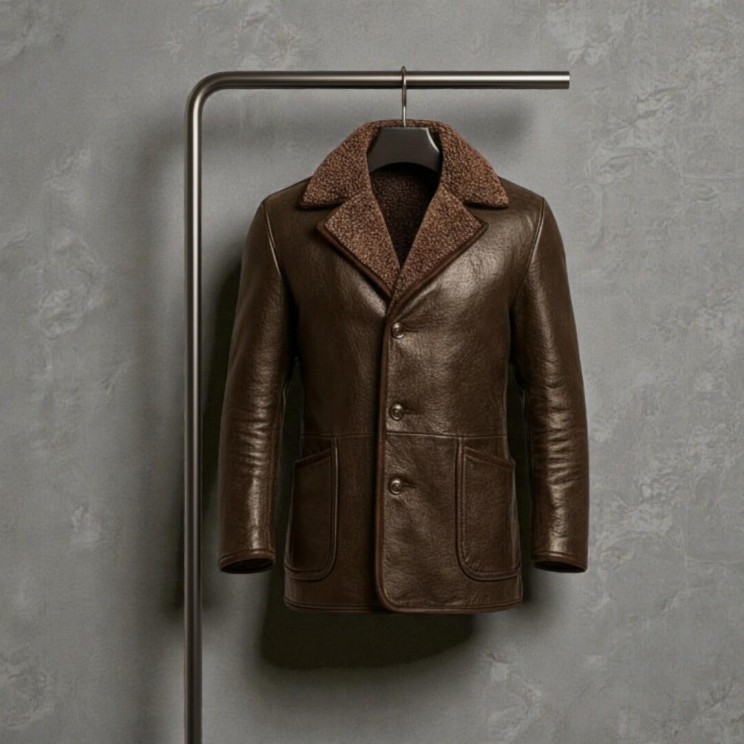 Men's Brown Leather Car Coat With Faux Shearling Collar – Classic