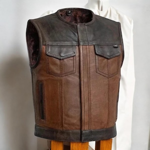 Chaleco de motociclista de cuero marrón y negro para hombre / Chaleco de motociclista sin mangas hecho a mano / Chaqueta de cuero estilo vaquero occidental para montar a caballo, regalo para él