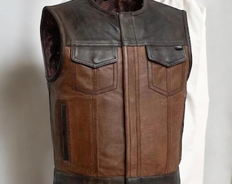 Handmade Leather Biker Vest | Brown & Black Motorcycle Waistcoat