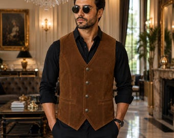 Handgemaakt bruin suèdeleren vest voor heren vintage western-cowboyvest