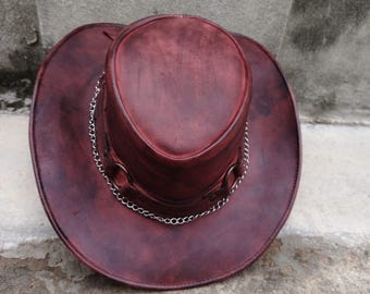 Handmade Burgundy Leather Cowboy Hat | Chain Band Western Outback Style