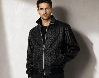 Handmade Black Woven Leather Jacket for Men Luxury Biker Style Zip Jacket