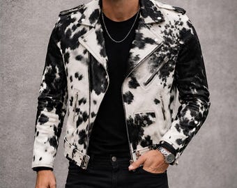 Handmade Cow Print Pony Skin Leather Biker Jacket, Western Style