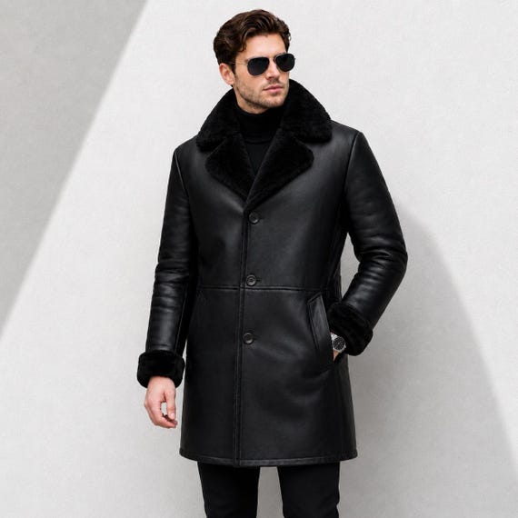 Handmade Black Shearling Leather Long Coat | Faux Fur Lined Winter Overcoat