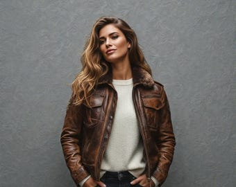 Brązowa skórzana kurtka lotnicza damska z kołnierzem ze sztucznego futra, vintage, zimowa odzież wierzchnia