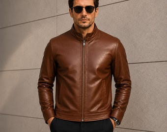 Men’s Casual Brown Leather Jacket – Classic Design with Modern Slim Fit