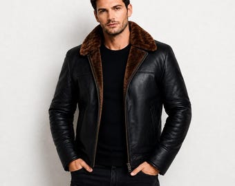 Handmade Black Shearling Leather Biker Jacket | Faux Fur Collar