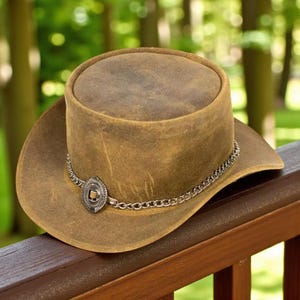 Handmade Brown Suede Leather Top Hat with Chain Band and Concho. Steampunk Western Festival Costume Hat, Vintage Style for Men & Women