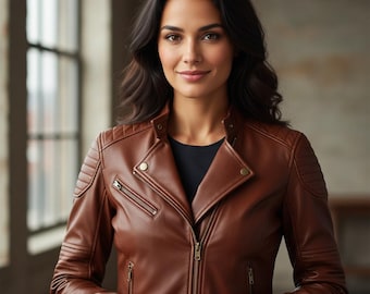 Minimalist Fashion Look – Woman in Premium Brown Leather Bomber Jacket