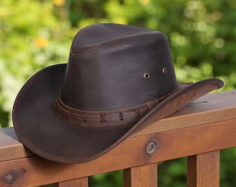 Handmade Dark Brown Leather Outback Hat | Western Cowboy Style Wide Brim Hat