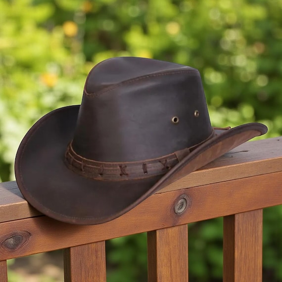 Handmade Dark Brown Leather Outback Hat | Western Cowboy Style Wide Brim Hat