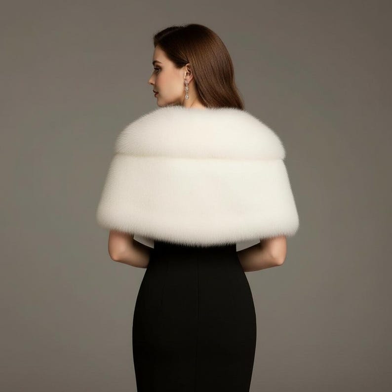Puede incluir: Un chal de piel sint&eacute;tica blanco drapeado sobre un vestido negro. El chal es de un material suave y esponjoso, y el vestido tiene un dise&ntilde;o simple y elegante. La imagen est&aacute; tomada desde atr&aacute;s, mostrando la forma y textura del chal.