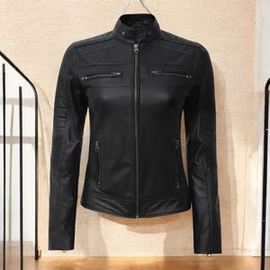 Handmade Black Leather Jacket Women | Slim Fit Moto Biker Style | Genuine Leather Coat with Zipper Closure | Gift for Her Outerwear