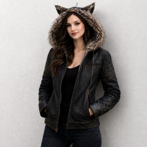 Veste femme en cuir noir avec capuche en fausse fourrure, oreilles de loup, hiver, style gothique