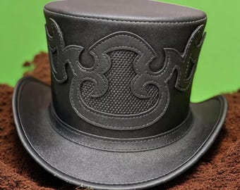 Handmade Black Leather Top Hat, Embossed Steampunk Gothic Cosplay