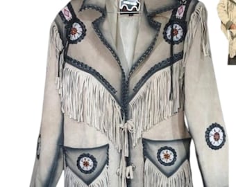 Men's Handmade Suede Western Jacket, Beaded Fringe Cowboy Coat