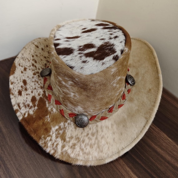 Handmade Brown Leather and Cowhide Western Hat with Braided Band Handmade Cowhide Leather Cowboy Hat | Braided Band Western  main image 3