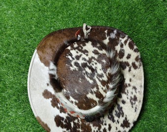Handmade Cowhide Leather Cowboy Hat | Brown & White Pony Hair Western Hat