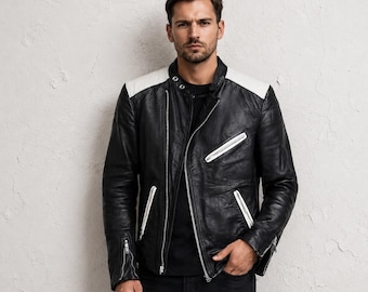 Handmade Black Leather Biker Jacket | Men's Cafe Racer Motorcycle Coat