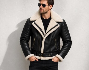 Men's Black Shearling Aviator Jacket | Genuine Sheepskin Bomber Coat