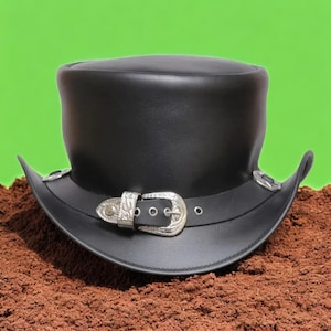 Handmade Black Leather Top Hat with Silver Buckle. Steampunk Cowboy Festival Hat, Gothic Victorian Cosplay Costume Hat for Men Gift For Him