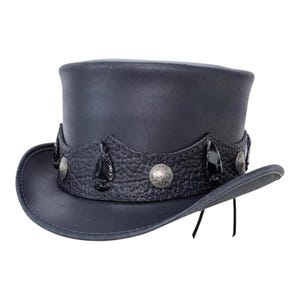Handmade Black Leather Steampunk Top Hat with Decorative Band and Conchos. Gothic Victorian Festival Costume Hat for Men and Women