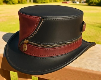 Zwart rode leren steampunk hoge hoed met ritssluiting handgemaakte gotische festivalhoed