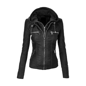 Women’s Black Leather Jacket with Hood Genuine Leather Moto Jacket Slim Fit Hoodie Biker Coat Casual Zip Up Leather Jacket Gift for Her