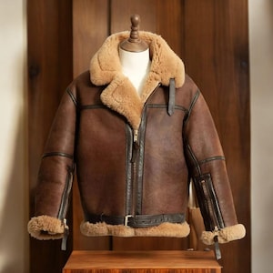 Men’s Brown Shearling Leather Jacket –Genuine Sheepskin Aviator Coat, Vintage B3 Bomber Pilot Jacket, Winter Warm Fux Fur Lined Gift For Him